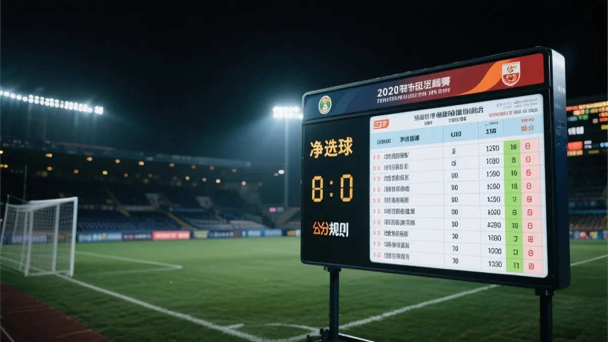 赛场记分牌与积分表叠加的视觉概念，象征同分规则与净胜球的关键性